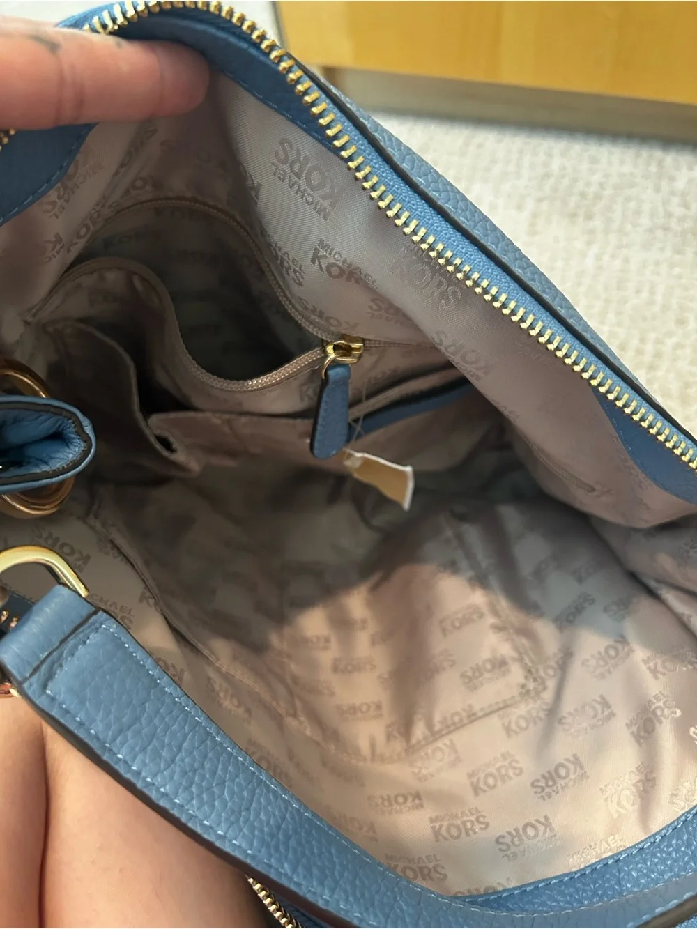 Michael Kors Dusty Blue Pebbled Leather Shoulder Bag with Gold Hardware